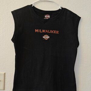 Harley Davidson Sleeveless Top Womens Sz XL Black, Orange Rhinestone MILWAUKEE